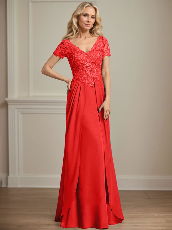 A-Linien Chiffon-Spitzen-Mutter-der-Braut-Kleid mit V-Ausschnitt, bodenlang