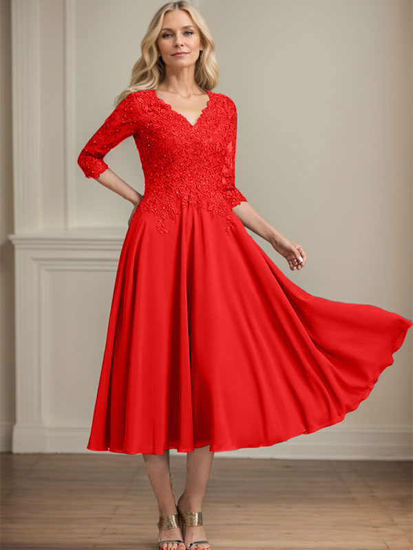 Robe de mère de la mariée en mousseline longueur thé, ligne A, col en V, en dentelle avec perles et sequins