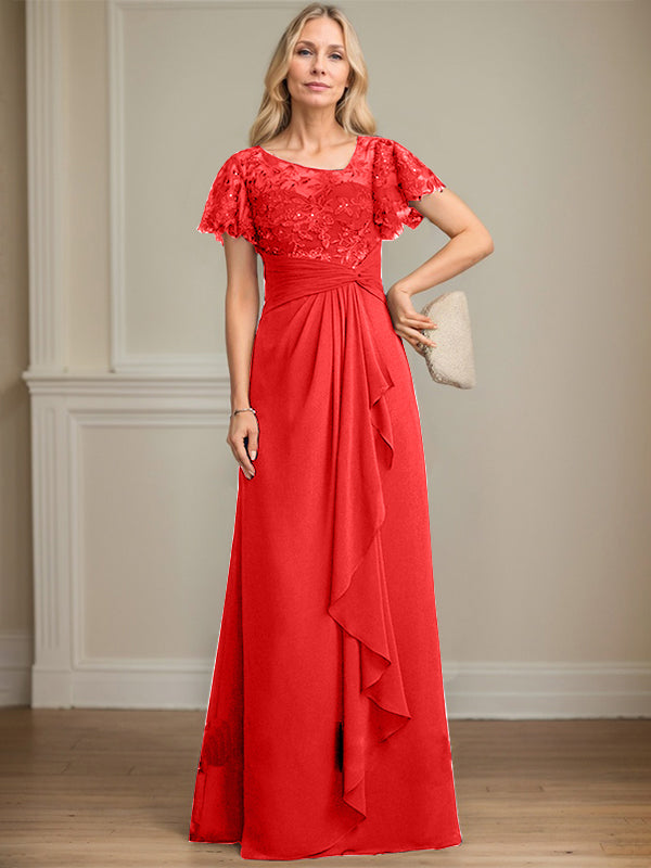 A-Linie asymmetrisches Illusions bodenlanges Spitzen-Chiffon Brautmutterkleid mit kaskadierenden Volants und Pailletten