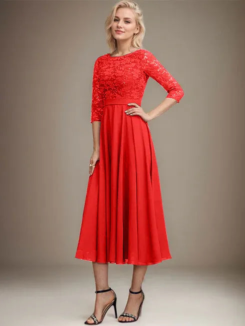 A-Linien Spitzen-Chiffon-Brautmutterkleid mit V-Ausschnitt, tea-length, mit Pailletten