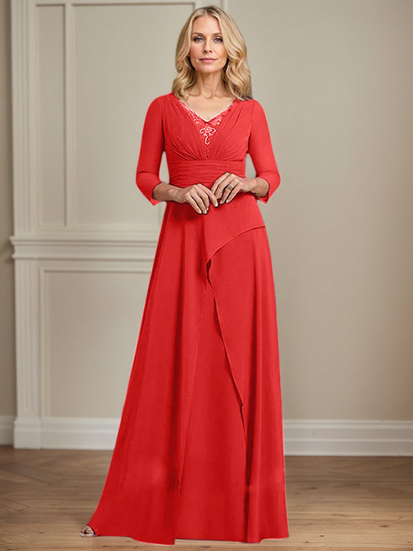 A-Linien Chiffon-Mutter-der-Braut-Kleid mit V-Ausschnitt, bodenlang, plissierte Perlenverzierung