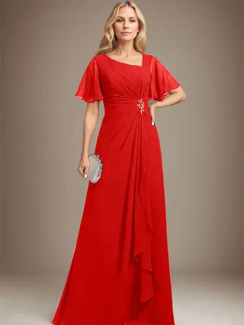 A-Linien asymmetrisches bodenlanges Chiffon Mutter-der-Braut-Kleid mit plissierten Perlen und Pailletten