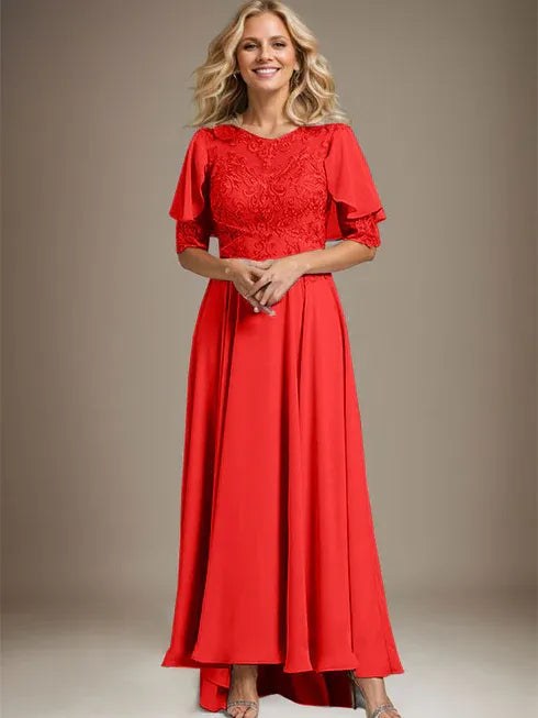 A-Linien Kleid mit Scoop-Ausschnitt, Illusion, asymmetrischem Chiffon und Spitzen, Mutter-der-Braut-Kleid mit Perlenbesatz