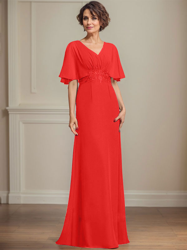 A-Linien Chiffon Mutter-der-Braut-Kleid mit V-Ausschnitt, bodenlang, mit plissierten Pailletten-Applikationen und Spitze
