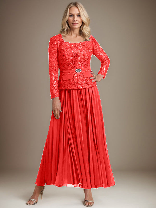 A-Linien-Kleid mit quadratischem Ausschnitt, knöchellang, Chiffon, Mutter der Braut, mit Falten