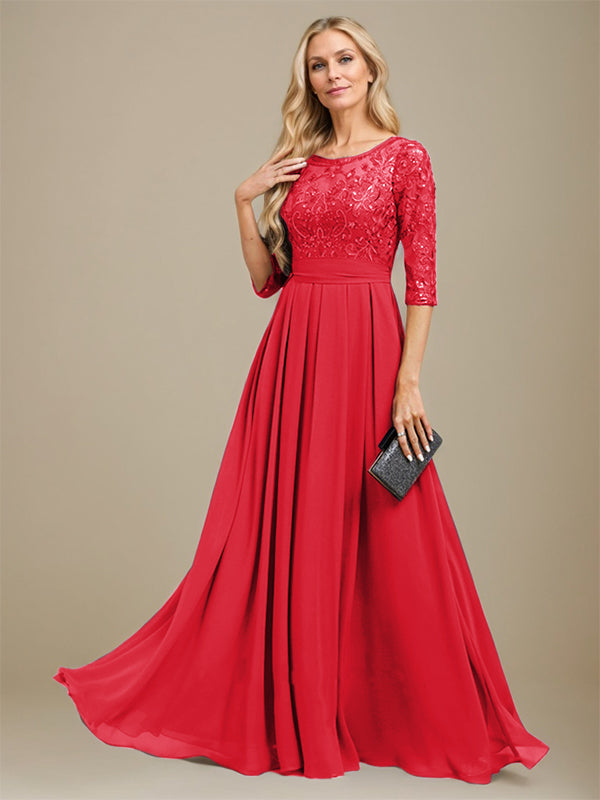 A-Line Scoop Floor-Length Lace Chiffon Mother Of the Bride Dress With Sequins Applique