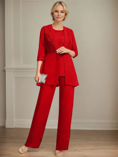 Combinaison/pantalon séparé en mousseline et dentelle, longueur au sol, col rond, robe mère de la mariée avec sequins