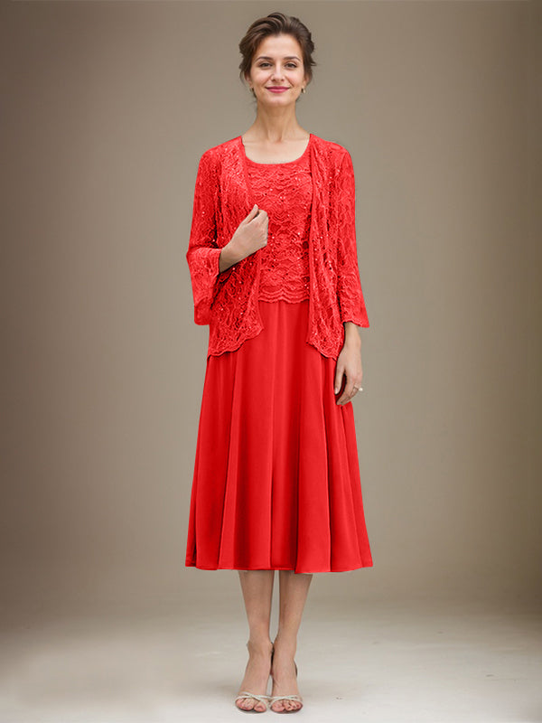 A-Linien Spitzen-Chiffon-Brautmutterkleid mit V-Ausschnitt, tea-length, mit Pailletten