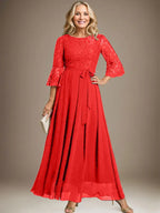 A-line Scoop Ankle-Length Lace Chiffon Mother of the Bride Dress With Bow