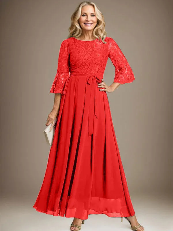 A-line Scoop Ankle-Length Lace Chiffon Mother of the Bride Dress With Bow