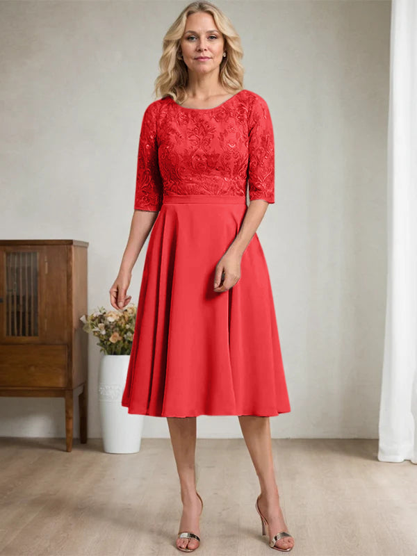 A-Linien Rundhalsausschnitt knielanges Spitzen-Chiffon Kleid für die Mutter der Braut