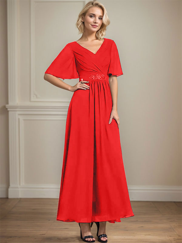 A-Linien V-Ausschnitt Knöchellanges Chiffon Kleid für die Brautmutter mit plissierten Perlen und Pailletten