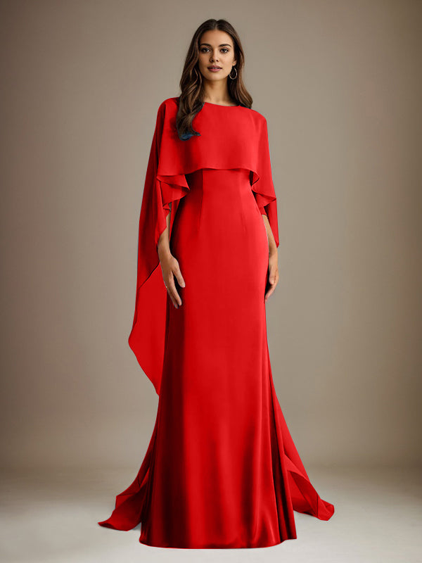 Etuikleid/Säulenkleid Bootsausschnitt bodenlanges Chiffon Mutter-des-Braut-Kleid mit kaskadierenden Rüschen