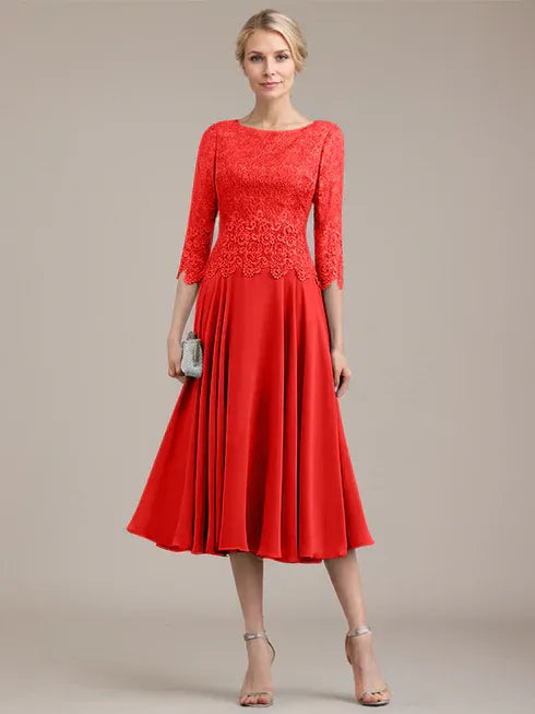 A-Linien Kleid mit Rundhalsausschnitt, tea-länge, Spitze und Chiffon, Mutter der Braut Kleid