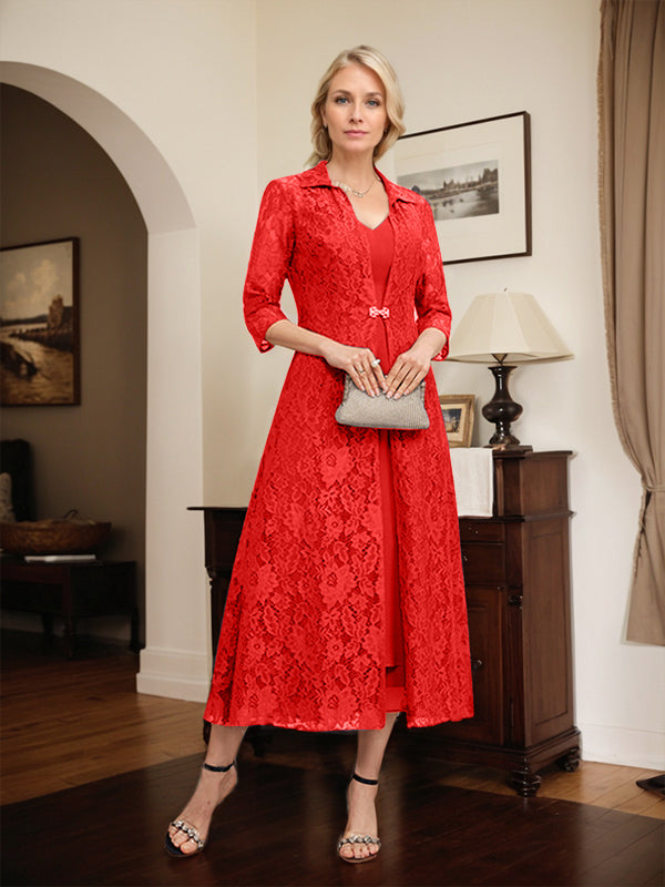 Robe mère de la mariée en mousseline longueur thé à encolure en V et coupe trapèze