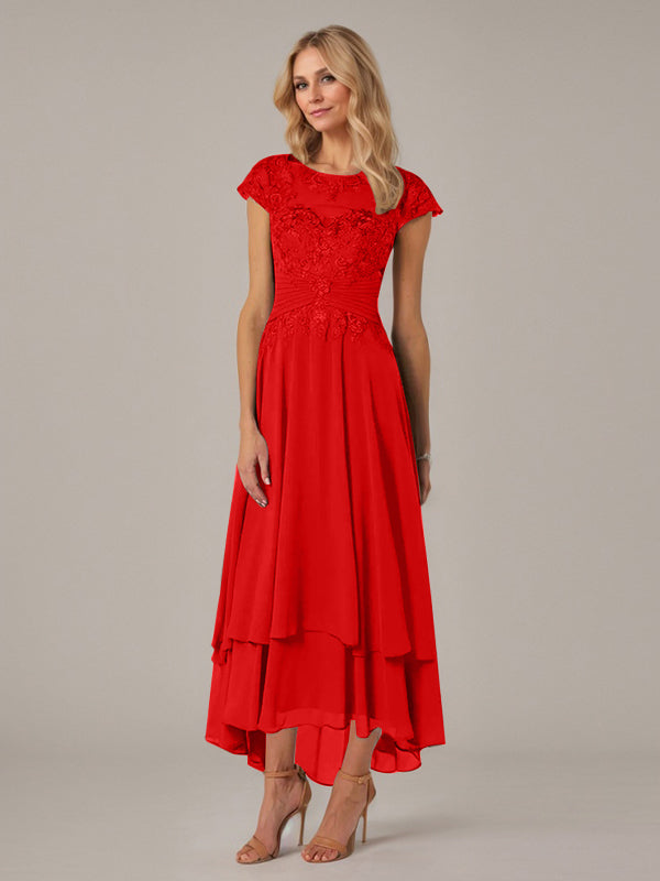 A-Linien Boot-Ausschnitt Illusions asymmetrisches Chiffon-Spitzen Mutterkleid der Braut mit Applikationsfalten