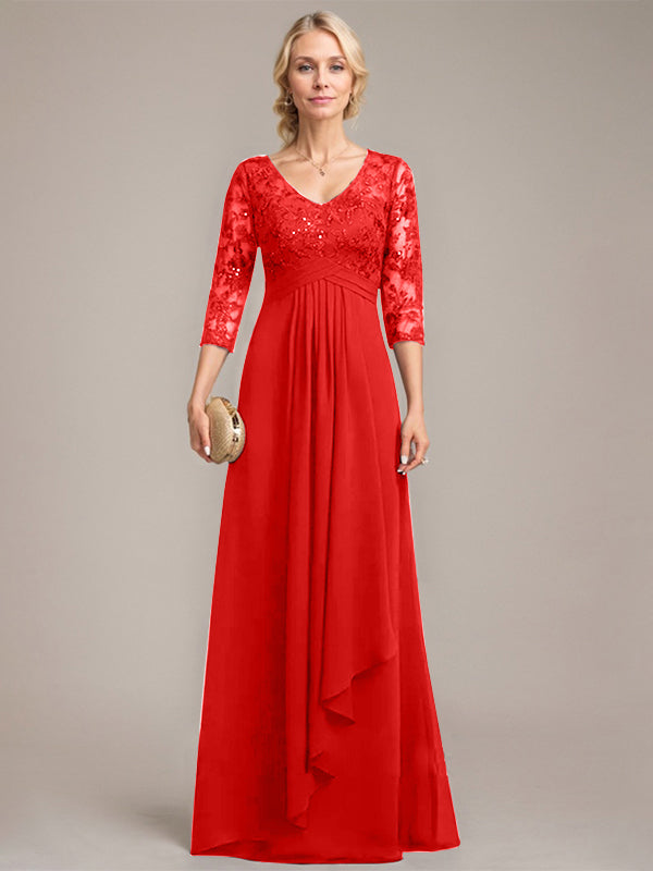 A-Linien V-Ausschnitt bodenlanges Spitzen-Chiffonkleid für die Mutter der Braut mit kaskadierenden Rüschen und Pailletten