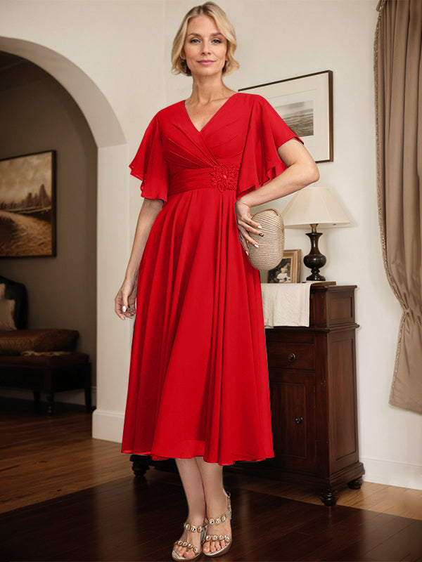 A-Linien Kleid mit V-Ausschnitt, tea-length Chiffon, Mutter der Braut mit plissierten Perlen