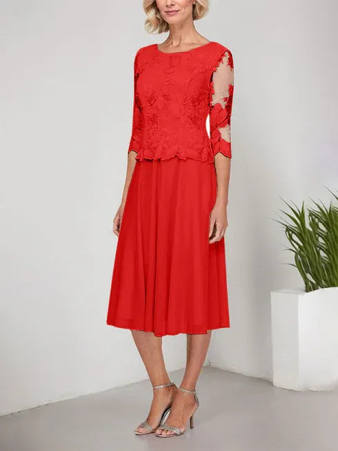 A-Linie Rundhals Tee-Länge Spitze Chiffon Mutter-der-Braut-Kleid mit Stickerei