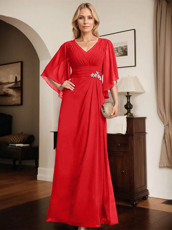 Etuikleid/Säule V-Ausschnitt bodenlanges Chiffon Mutter-der-Braut-Kleid mit plissierten Pailletten und Perlen