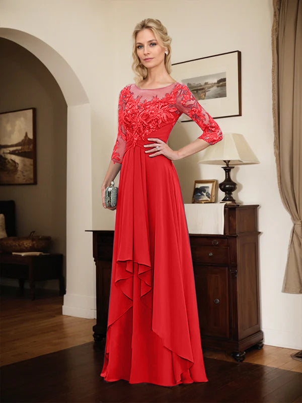 Robe mère de la mariée en ligne A avec col rond illusion, dentelle et chiffon longueur sol avec volants en cascade