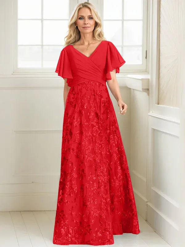 Vestido de madre de la novia en línea A con escote en V, largo hasta el suelo, encaje, lentejuelas y gasa plisada