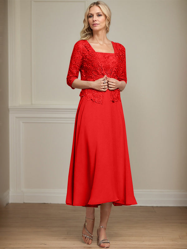 Robe de mère de la mariée en mousseline et dentelle ligne A longueur thé avec perles et sequins