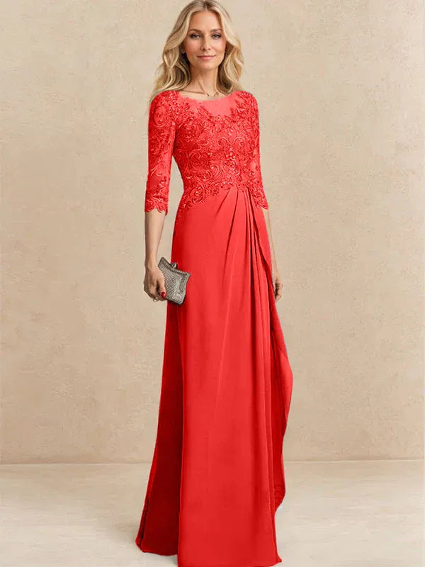 Vestido para la madre de la novia línea A con escote redondo ilusión, largo hasta el suelo, de gasa y encaje con cuentas, lentejuelas y volantes en cascada