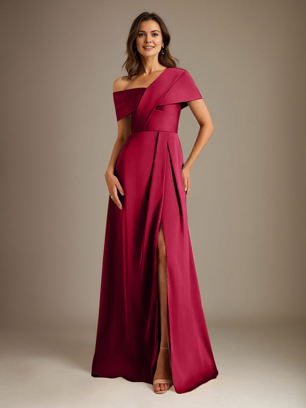 A-Linien asymmetrischer Ausschnitt bodenlanges Satin-Brautkleid für die Brautmutter mit Falten