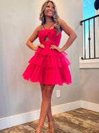 Red A-Line Halter Neck Short Tiered Tulle Homecoming Dress