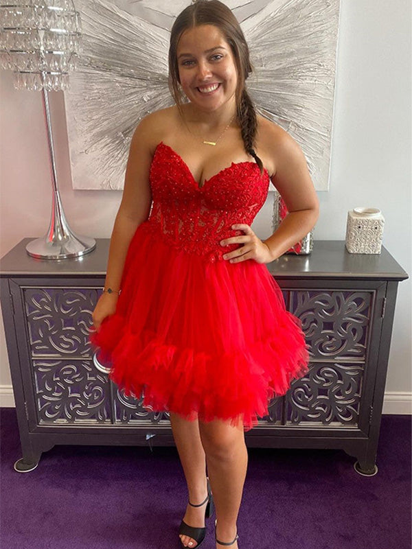 A-Linien kurzes Homecoming-Kleid aus Tüll mit Sweetheart-Ausschnitt und Schnürung
