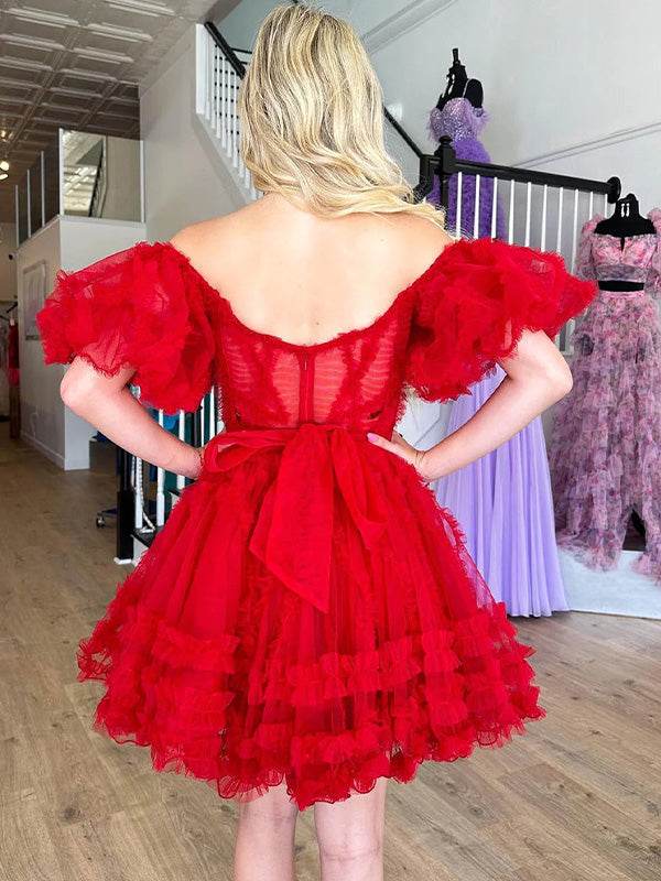 Red A Line Off the Shoulder Cortset Homecoming Dress