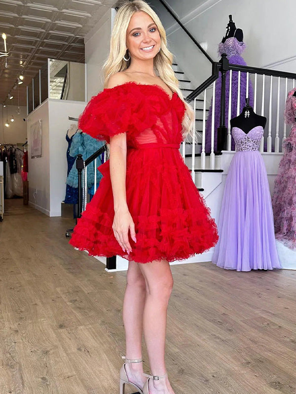 Red A Line Off the Shoulder Cortset Homecoming Dress