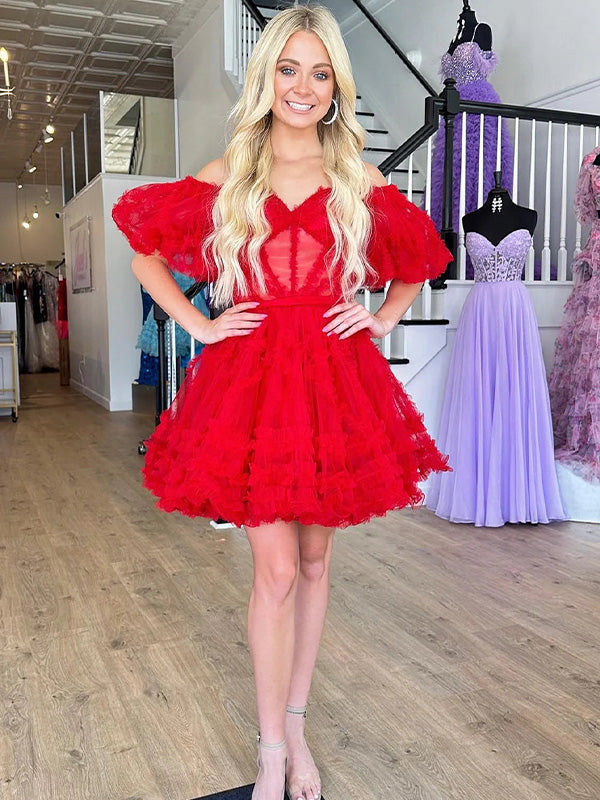 Red A Line Off the Shoulder Cortset Homecoming Dress