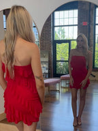 Red Bodycon Strapless Short Homecoming Dress with Ruffles
