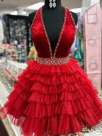Red Halter Beaded Tiered Short Homecoming Dress