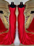 Red Mermaid Flowers Straps Long Prom Dress with Slit