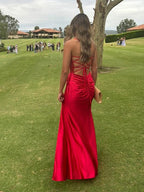 Yellow Mermaid Scoop Neck Satin Long Prom Dress with Slit