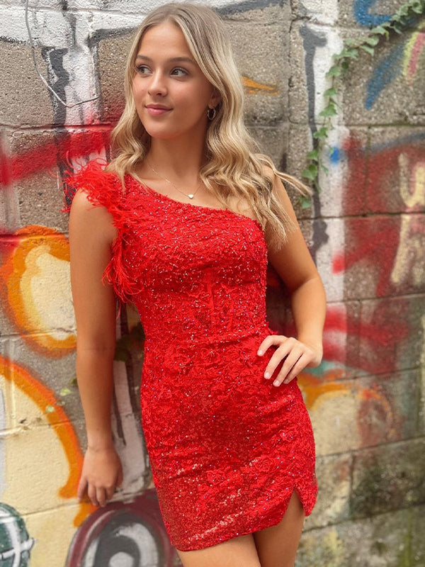 Red One Shoulder Sequins Bodycon Corset Homecoming Dress with Feather