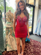 Red Spaghetti Straps Beaded Short Tight Homecoming Dress