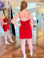Red Spaghetti Straps Ruched Tassels Bodycon Short Homecoming Dress