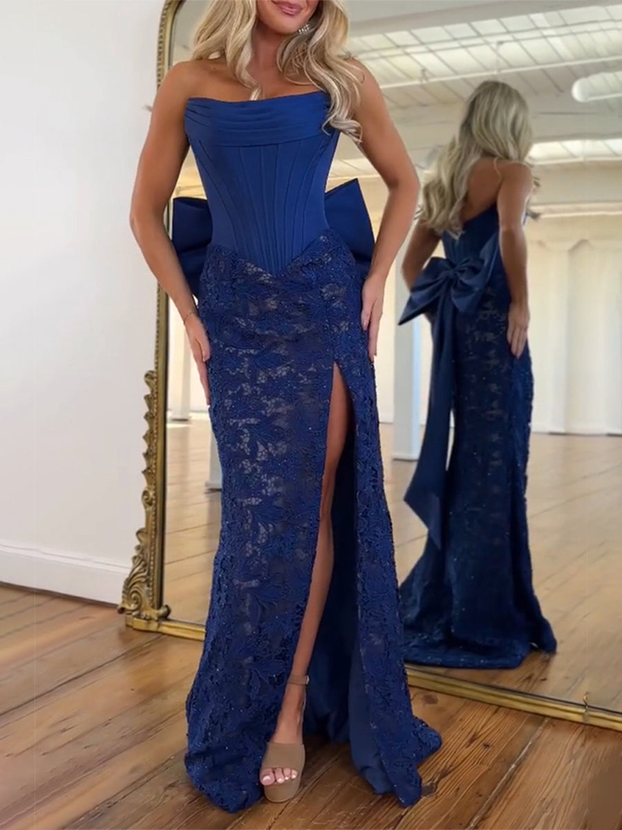 Rotes trägerloses Satin-Korsett-Ballkleid mit Spitze und übergroßer Schleife