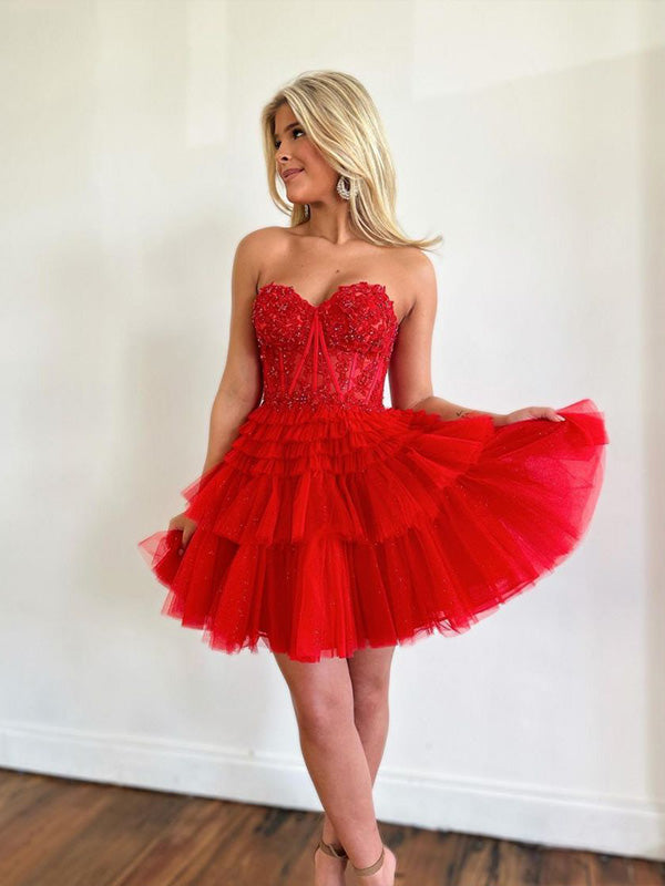 Red Sweetheart A-Line Short Tulle Homecoming Dress