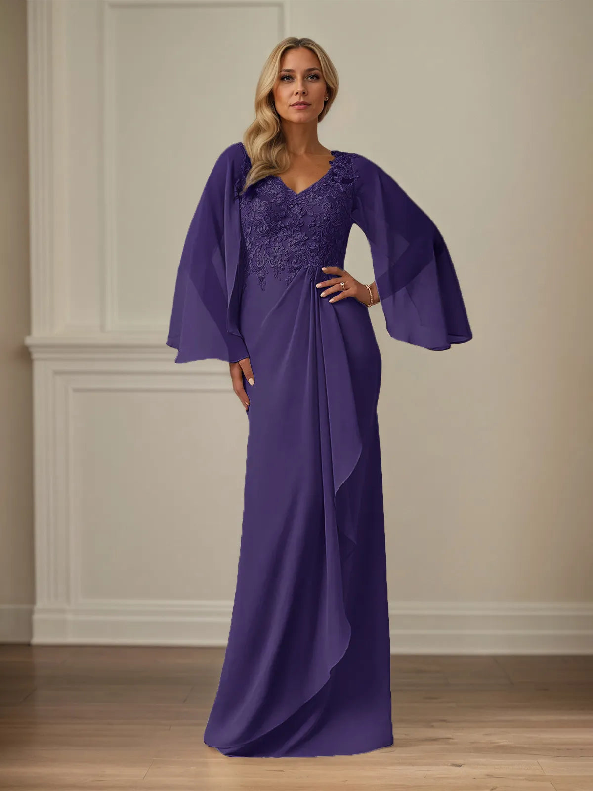 Etui/Kolumnen Chiffon V-Ausschnitt Langarm Bodenlanges Brautmutterkleid mit Applikationen