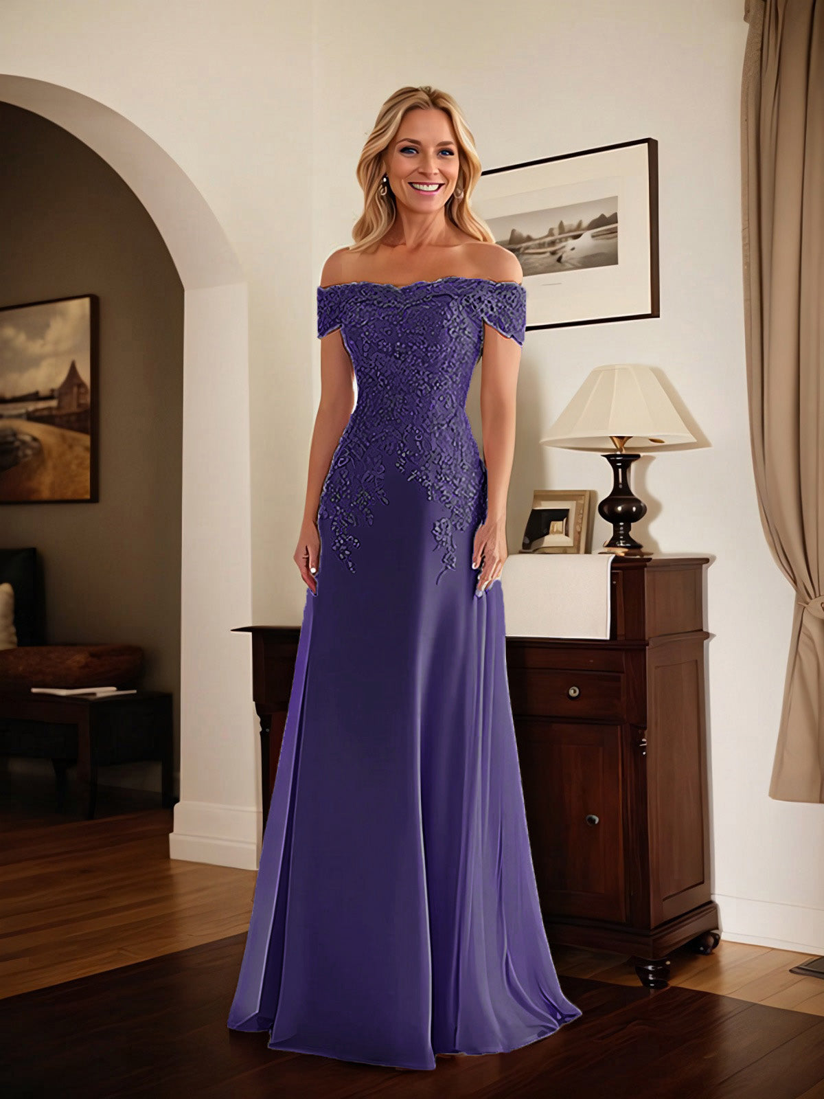 Elegantes taupefarbenes schulterfreies Etuikleid Mutter der Braut Kleid mit Spitze