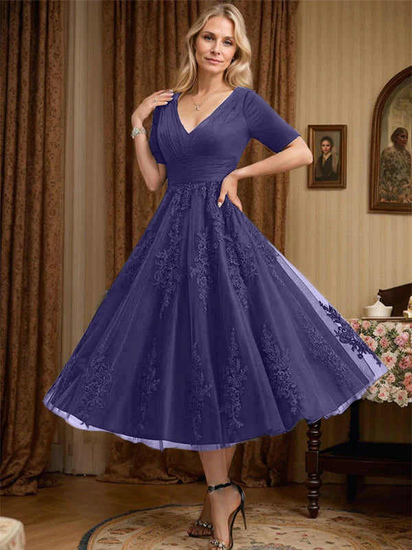 A-line V-Neck Tea-Length Tulle Lace Mother of the Bride Dress With Pleated