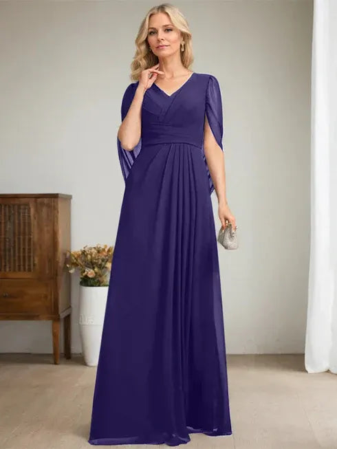 Dunkelmarineblaues A-Linien V-Ausschnitt langes Kleid für die Mutter der Braut
