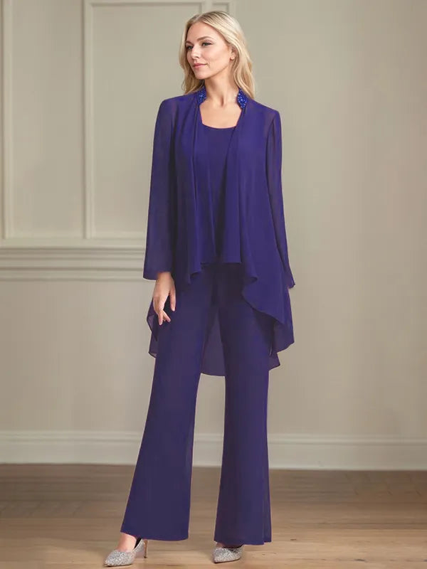 Chiffon Kleid mit Rundhalsausschnitt, langen Ärmeln, bodenlang, Hosenanzug für die Brautmutter