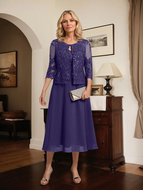 A-Linien Spitzen-Chiffon-Brautmutterkleid mit V-Ausschnitt, tea-length, mit Pailletten