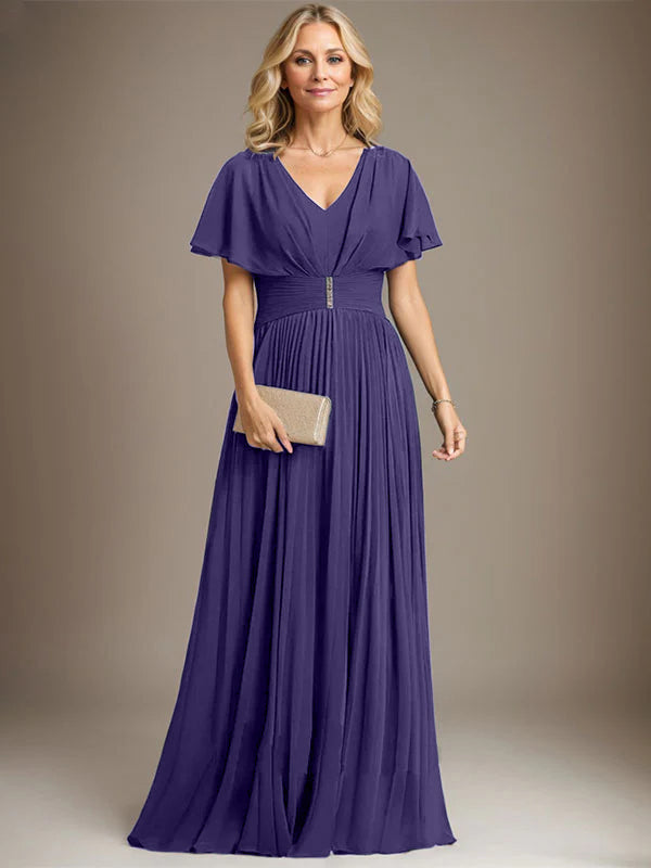 A-Linien V-Ausschnitt Bodenlanges Chiffon Brautmutterkleid mit Kristallbrosche und Plisseefalten